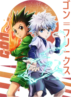 Hình ảnh hai nhân vật anime Gon và Killua từ Hunter x Hunter, Gon có lửa trên tay, Killua có điện.