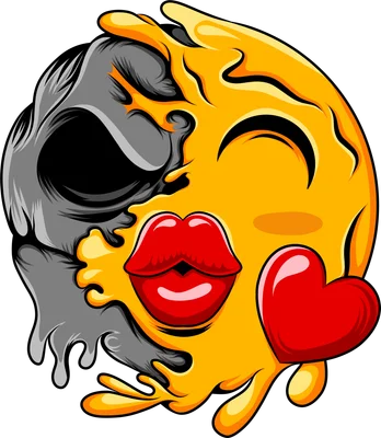 Hình minh họa emoji mặt cười tan chảy một nửa là đầu lâu, phong cách nghệ thuật độc đáo