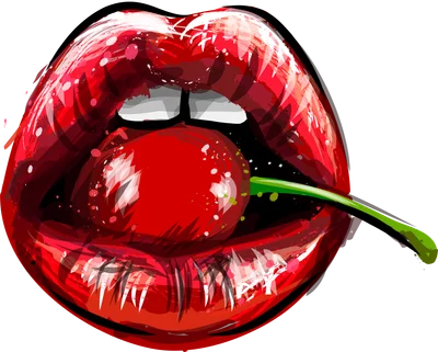 Hình ảnh đôi môi đỏ mọng với quả cherry xanh, phong cách vẽ màu nước.