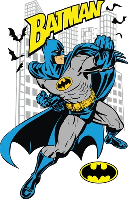 Hình ảnh Batman đang hành động với biểu tượng dơi và thành phố phía sau.