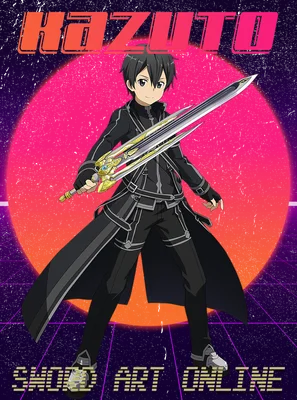 Nhân vật Kirito từ Sword Art Online cầm kiếm, với nền retro màu hồng và tím.