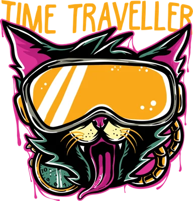 Hình vẽ đầu mèo đeo kính bảo hộ phong cách graffiti với dòng chữ Time Traveller