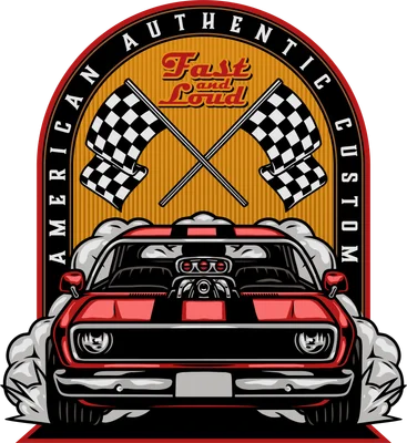 Hình minh họa xe cơ bắp màu đỏ phong cách retro với cờ đua caro, chữ 'Fast and Loud' và viền 'American Authentic Custom'.