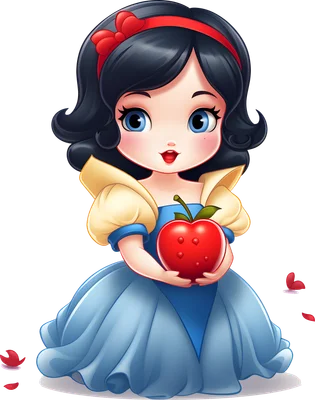 Hình minh họa nàng Bạch Tuyết phiên bản chibi dễ thương với mái tóc đen, băng đô đỏ, váy xanh và đang cầm một quả táo đỏ.