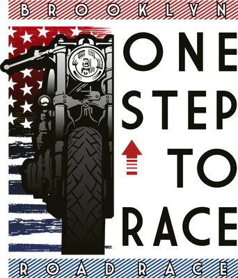 Hình ảnh minh họa xe máy cổ điển phong cách Mỹ với dòng chữ "One Step to Race" và cờ Mỹ.