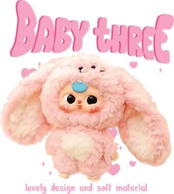 Hình ảnh nhân vật hoạt hình Baby Three màu hồng dễ thương, có tai thỏ, mắt to tròn, trên nền xám với chữ Baby Three.