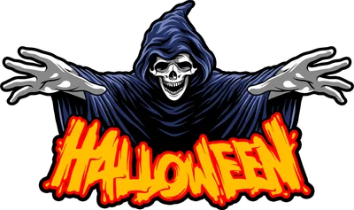 Hình minh họa thần chết Grim Reaper mặc áo choàng xanh đen với chữ Halloween phong cách kinh dị