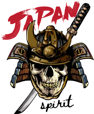 Hình minh họa đầu lâu đội mũ giáp Samurai Nhật Bản với thanh kiếm katana và chữ Japan Spirit