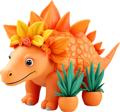 Hình ảnh khủng long Stegosaurus màu cam đáng yêu đội vương miện hoa vàng hồng, bên cạnh là hai chậu cây xanh nhỏ.