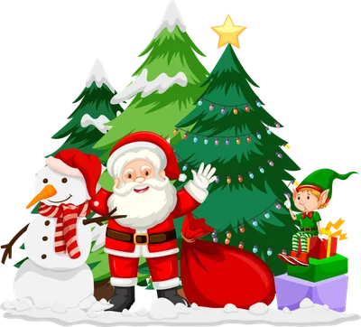 Ông Già Noel, người tuyết, cây thông Noel và yêu tinh trong khung cảnh mùa đông