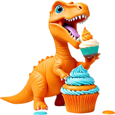 Hình ảnh khủng long hoạt hình màu cam đáng yêu đang cầm một chiếc bánh cupcake nhỏ và đứng cạnh một chiếc bánh cupcake lớn hơn.