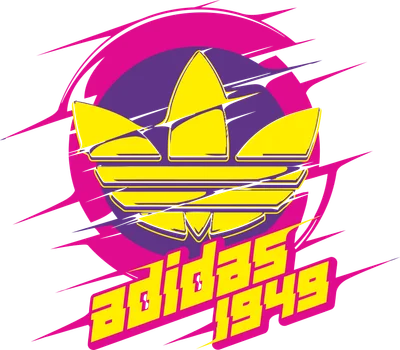 Logo Adidas 1949 với hiệu ứng retro neon, màu vàng, tím và hồng nổi bật trên nền xám.