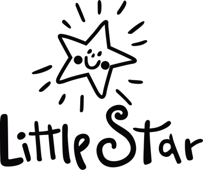Hình vẽ ngôi sao hoạt hình màu đen có khuôn mặt cười và dòng chữ 'Little Star' trên nền xám.