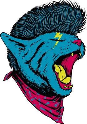 Hình minh họa đầu mèo phong cách punk rock với tóc mohawk, khăn quàng cổ và tia sét trên trán