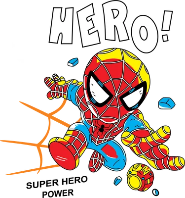 Hình vẽ chibi Spiderman đang hành động, có chữ 'HERO!' và 'Let's', 'SUPER HERO POWER'