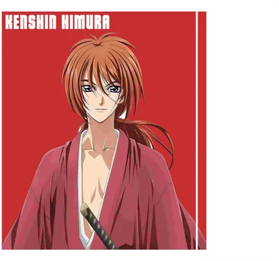 Hình ảnh Kenshin Himura, nhân vật anime với mái tóc nâu đỏ, mặc áo kimono đỏ, cầm kiếm.