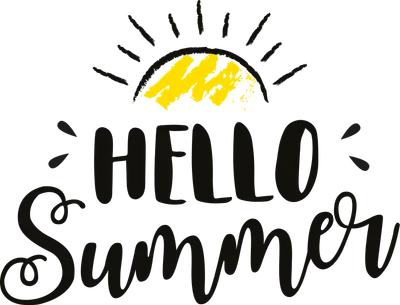 Chữ 'Hello Summer' viết tay màu đen nổi bật trên nền xám, phía trên có hình mặt trời cách điệu màu vàng.