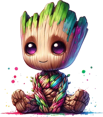 Hình ảnh Baby Groot hoạt hình đáng yêu ngồi, thân cây màu nâu với những mảng màu xanh, hồng, tím rực rỡ như vết sơn bắn tung tóe.
