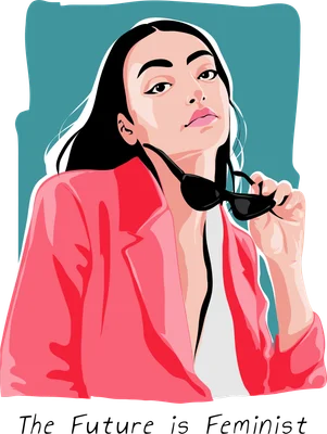 Hình minh họa vector cô gái trẻ tóc đen, blazer hồng, cầm kính râm, biểu cảm tự tin. Nền xanh ngọc và xám. Chữ 'The Future is Feminist'.