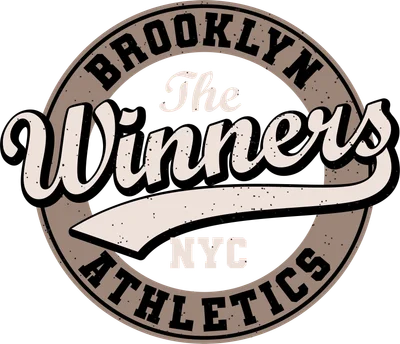 Logo tròn phong cách retro với chữ Brooklyn The Winners NYC Athletics màu kem và nâu trên nền xám, hiệu ứng distressed.