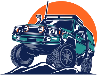 Hình minh họa xe địa hình off-road màu xanh lá cây với bánh xe lớn, trên nền núi và mặt trời cam.