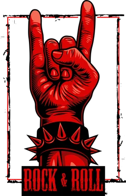 Bàn tay màu đỏ giơ dấu hiệu Rock & Roll, đeo vòng gai, có chữ "ROCK & ROLL" bên dưới.