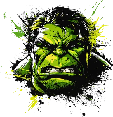 Hình ảnh đầu Hulk giận dữ với làn da xanh lá, răng nanh lộ ra, và hiệu ứng mực bắn tung tóe màu đen, xanh neon trên nền xám.