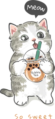 Hình vẽ hoạt hình chú mèo xám dễ thương đang uống ly trà sữa trân châu, có chữ 'Meow' và 'Bubble Tea'.