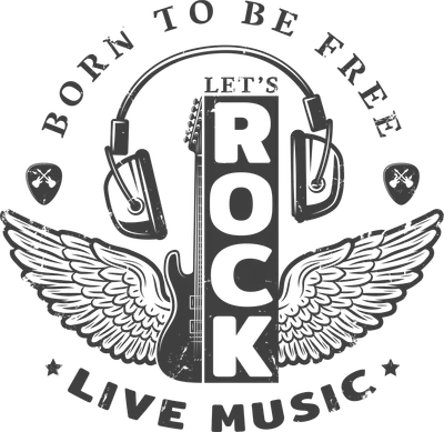Hình ảnh phong cách vintage grunge với guitar điện, tai nghe, đôi cánh và chữ 'Born to be Free Let's Rock Live Music'.