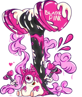 Hình ảnh biểu tượng Blackpink tan chảy với nhân vật quái vật nhỏ màu hồng và các giọt chất lỏng màu hồng.