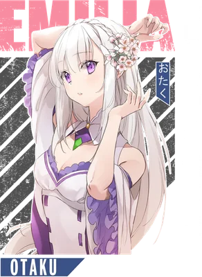 Hình vẽ Emilia từ Re:Zero với mái tóc trắng dài, đôi mắt tím và hoa anh đào trên đầu, mặc trang phục tím trắng.