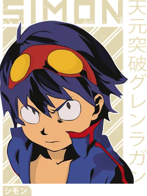 Hình vẽ chibi nhân vật Simon từ anime Gurren Lagann với kính đỏ, tóc xanh, biểu cảm quyết tâm.