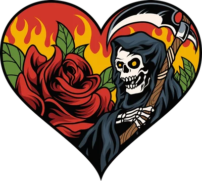 Hình minh họa Thần Chết cầm lưỡi hái, hoa hồng đỏ và lửa trong trái tim, phong cách tattoo.