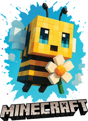 Hình ảnh ong Minecraft màu vàng đen với đôi mắt xanh to tròn, cầm một bông hoa trắng, trên nền màu xanh loang lổ.