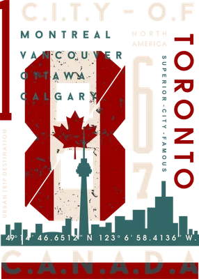 Thiết kế đồ họa phong cách vintage về Canada, có cờ Canada, lá phong, tháp CN, đường chân trời thành phố và tên các thành phố lớn.