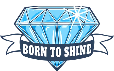 Hình ảnh minh họa viên kim cương xanh lấp lánh với dòng chữ "Born to Shine" trên dải băng.