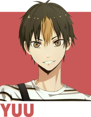 Hình ảnh chàng trai anime với mái tóc nâu và một lọn vàng nổi bật, đôi mắt nâu to tròn, đang cười tươi.