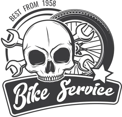 Hình ảnh logo phong cách vintage với đầu lâu, cờ lê bắt chéo, bánh xe máy và dòng chữ 'Bike Service' cùng 'Best From 1958'.