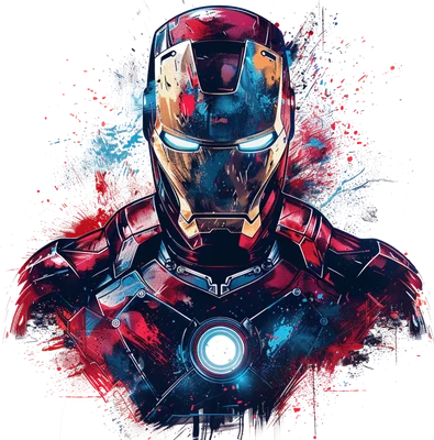 Hình ảnh Iron Man với áo giáp đỏ vàng, hiệu ứng bắn sơn màu sắc rực rỡ trên nền xám.