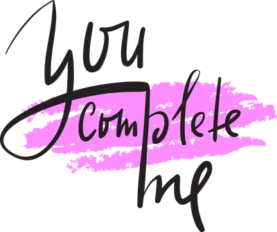 Chữ viết tay màu đen "You complete me" trên nền hồng phấn và xám