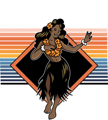 Hình minh họa cô gái Hula đang nhảy múa với vòng hoa, chữ Aloha và nền sọc màu hoàng hôn.