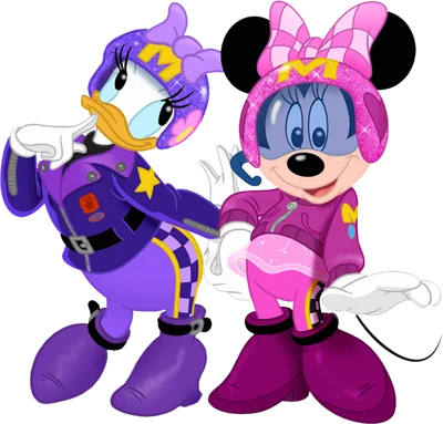 Minnie Mouse và Daisy Duck hoạt hình mặc trang phục đua xe màu tím và hồng lấp lánh, đội mũ bảo hiểm cá tính.