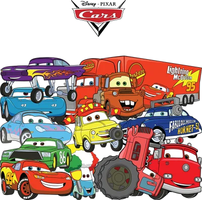 Tranh vẽ nhiều nhân vật xe hơi từ phim Cars của Disney Pixar, bao gồm Lightning McQueen, Mater, và các xe khác.