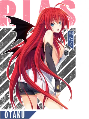 Hình ảnh Rias Gremory, nhân vật anime với mái tóc đỏ dài, đôi cánh quỷ đen và trang phục gợi cảm.