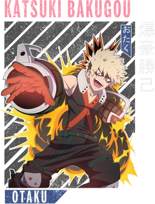 Hình ảnh Katsuki Bakugo từ anime, với mái tóc vàng nhọn, biểu cảm mạnh mẽ, tay cầm thiết bị phát nổ, xung quanh là lửa.