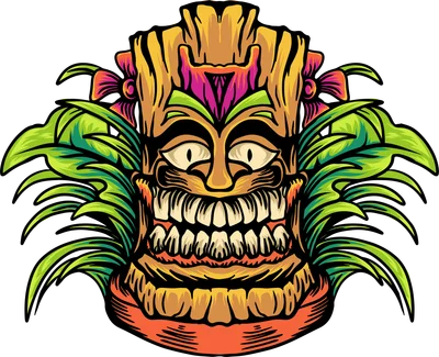 Hình minh họa mặt nạ gỗ Tiki phong cách Hawaii với lá nhiệt đới và hoa rực rỡ