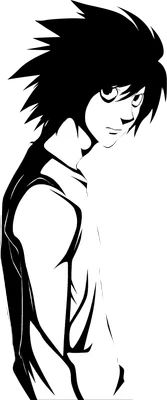Hình vẽ nhân vật L, thám tử anime với mái tóc đen rối và ánh mắt sắc sảo, mặc áo trắng.