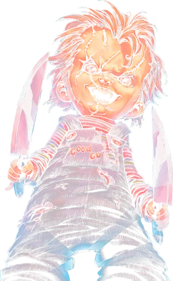 Hình minh họa búp bê Chucky với khuôn mặt đáng sợ, tóc đỏ rối bù, cầm hai con dao sáng bóng.