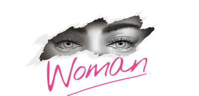 Hình ảnh đôi mắt phụ nữ nhìn xuyên qua vết xé giấy, với chữ 'EMPOWERED' trắng và 'Woman' hồng trên nền xám.