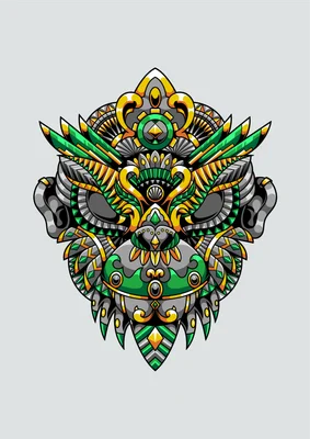Hình ảnh mặt nạ rồng cách điệu với họa tiết tribal, màu xanh lá và vàng nổi bật trên nền xám.